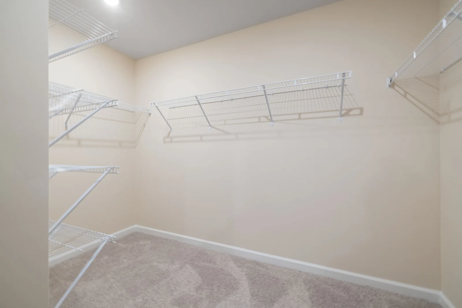 Empty walk-in closet featuring wall-mounted wire shelving, perfect for organization. Modular closet systems that actually work in shallow, shared spaces