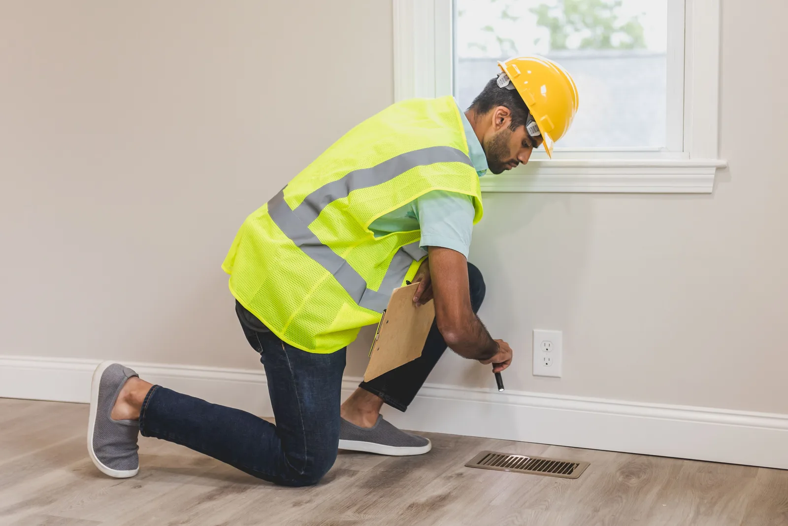 Construction worker conducting a home inspection indoors, using tools near a vent. Organized Home Makeovers Contractor: Questions